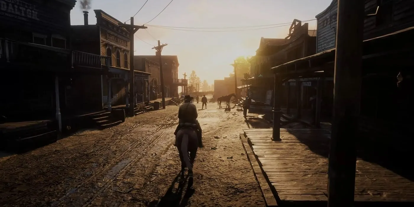 Arthur Morgan cưỡi ngựa qua thị trấn Valentine trong Red Dead Redemption 2, minh họa thế giới mở rộng lớn và chi tiết.