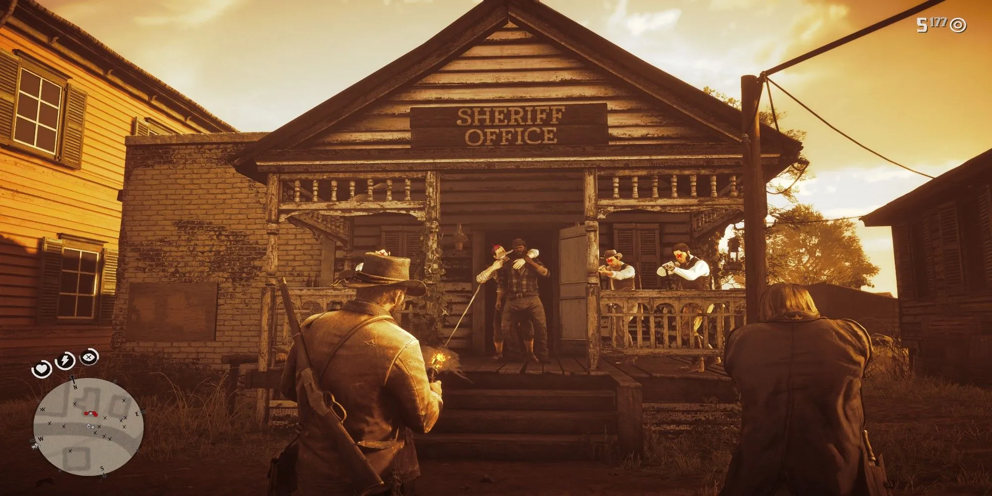 Arthur Morgan sử dụng kỹ năng Dead Eye để cứu Bill Williamson trong một nhiệm vụ của Red Dead Redemption 2.