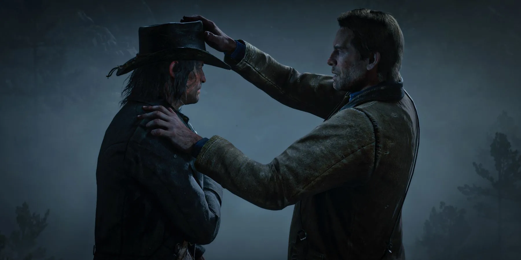 Arthur Morgan trao chiếc mũ của mình cho John Marston trong một khoảnh khắc đầy cảm xúc của Red Dead Redemption 2.