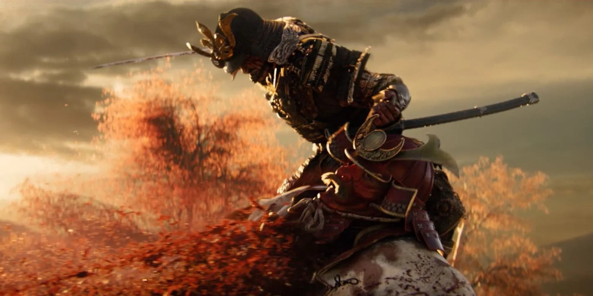 Artwork một samurai đứng giữa khung cảnh thiên nhiên hùng vĩ trong Ghost of Tsushima