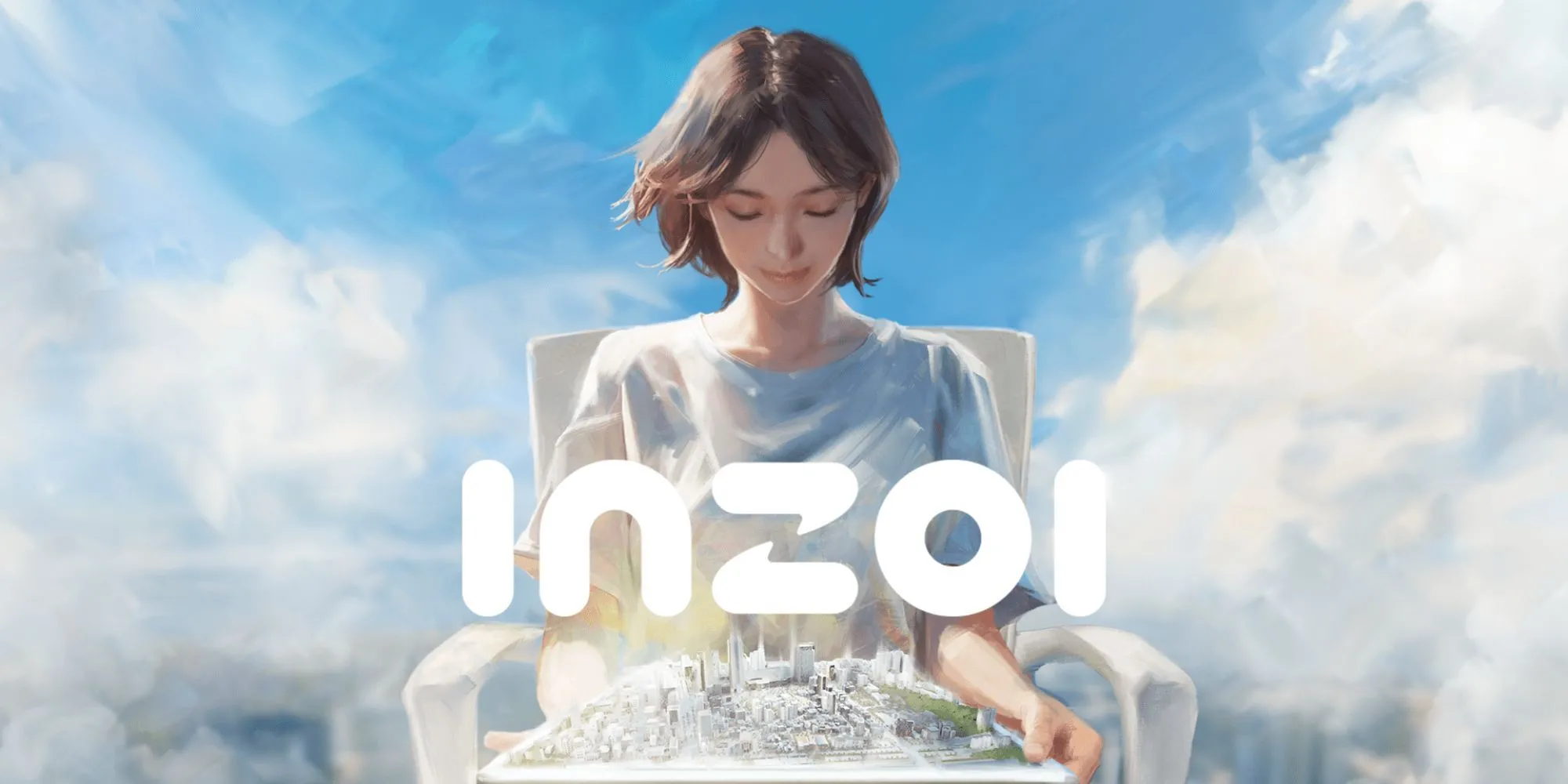 Artwork nhân vật inZOI chiêm ngưỡng thành phố bên dưới, hứa hẹn một thế giới rộng lớn