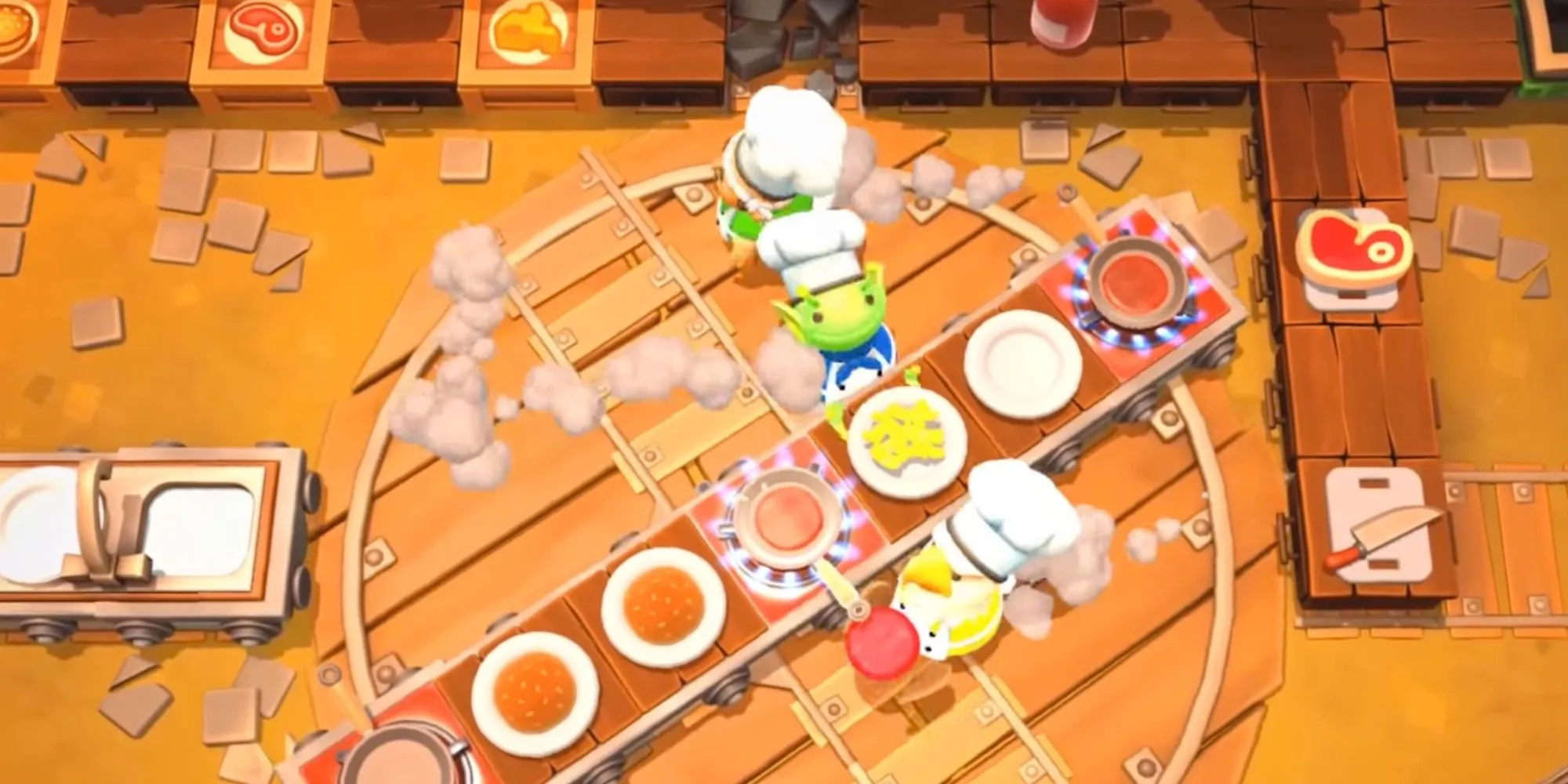 Ba người chơi Overcooked 2 đang hỗn loạn nấu ăn trong một căn bếp thử thách