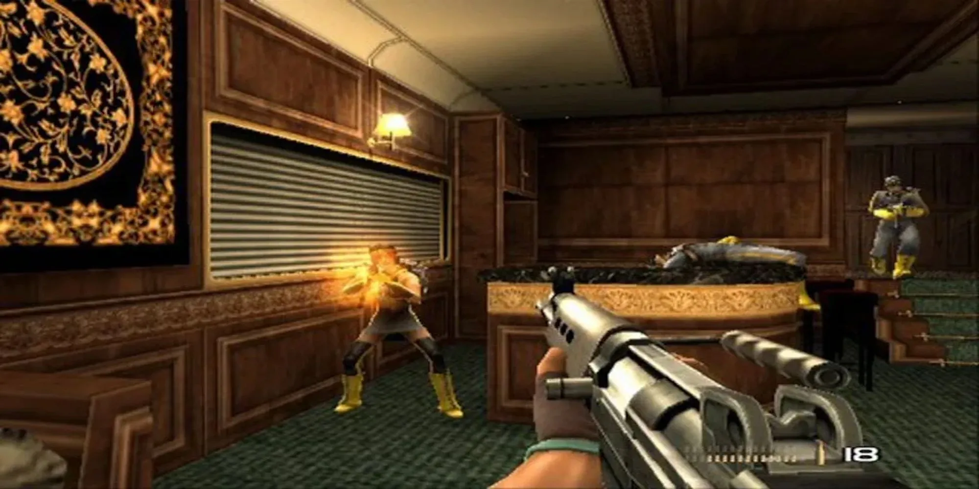 Ba nhân vật trong game Timesplitters: Future Perfect đang cầm súng trong một cảnh hành động kịch tính