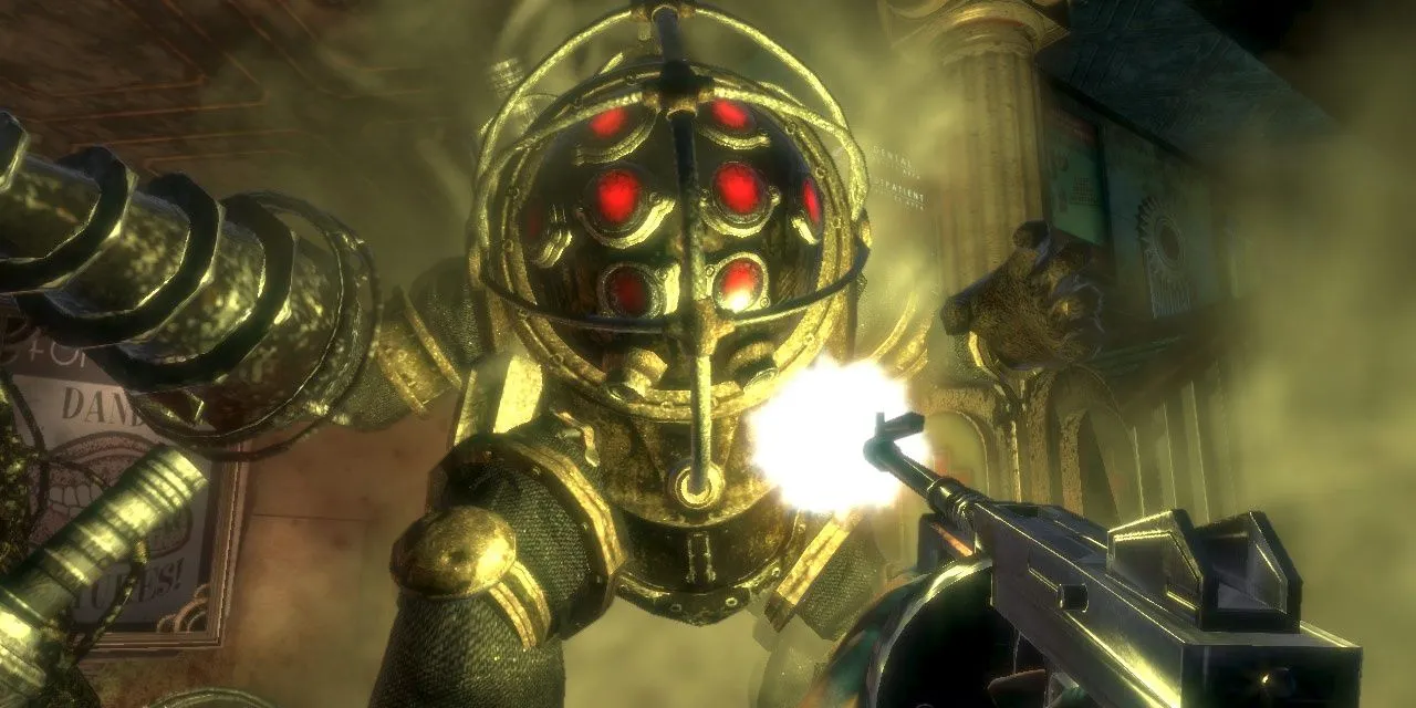 Bắn một Big Daddy bằng súng máy trong BioShock 1