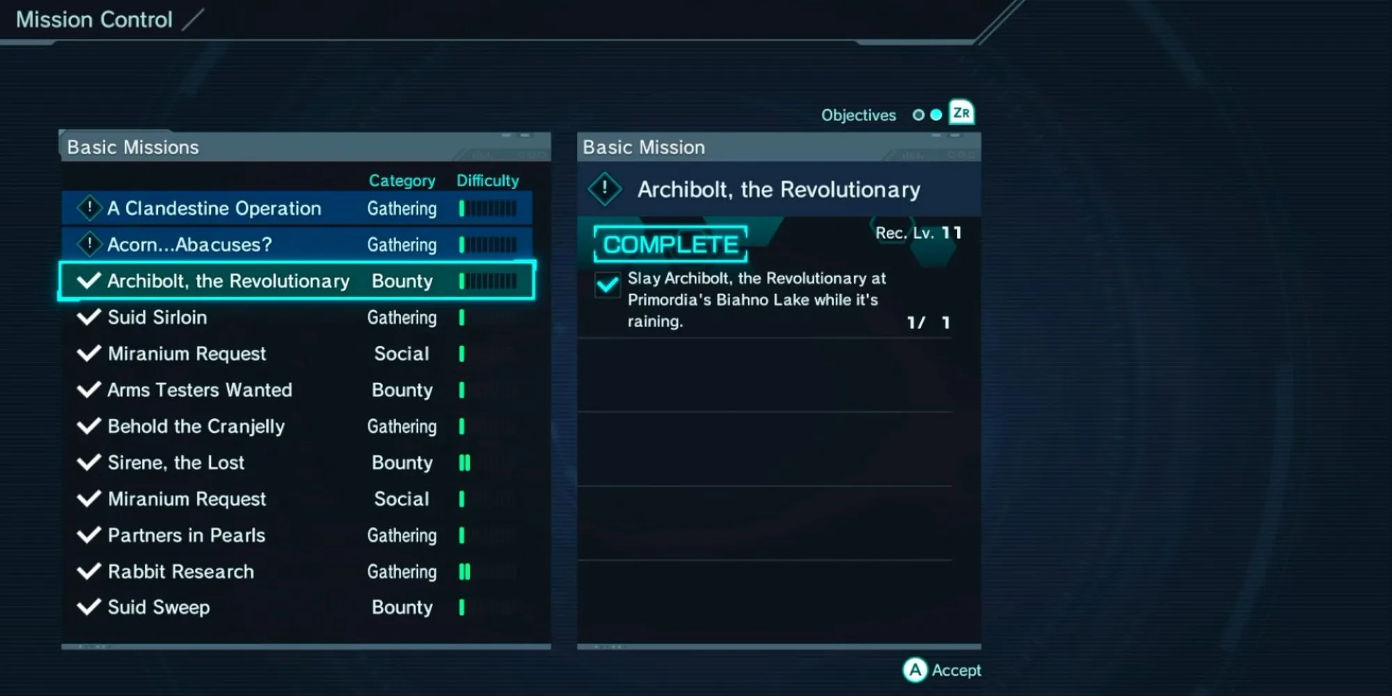 Bảng nhận nhiệm vụ cơ bản trong Xenoblade Chronicles X Definitive Edition.