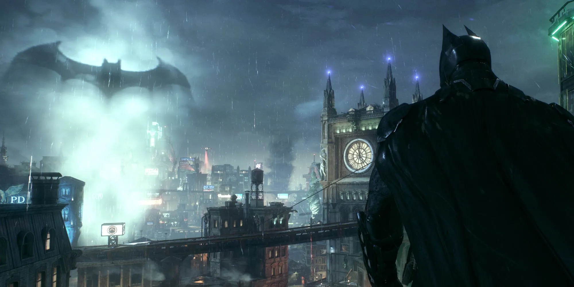 Batman nhìn ra thành phố Gotham trong Batman Arkham City