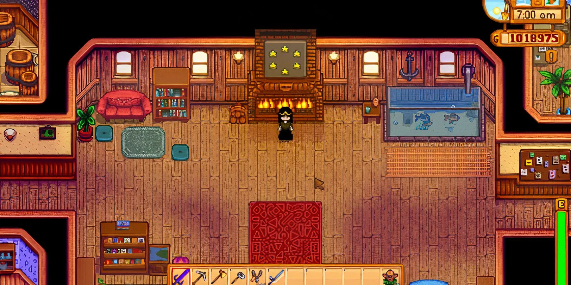 Bên trong Trung Tâm Cộng Đồng Stardew Valley với các gói vật phẩm đang chờ được hoàn thành.