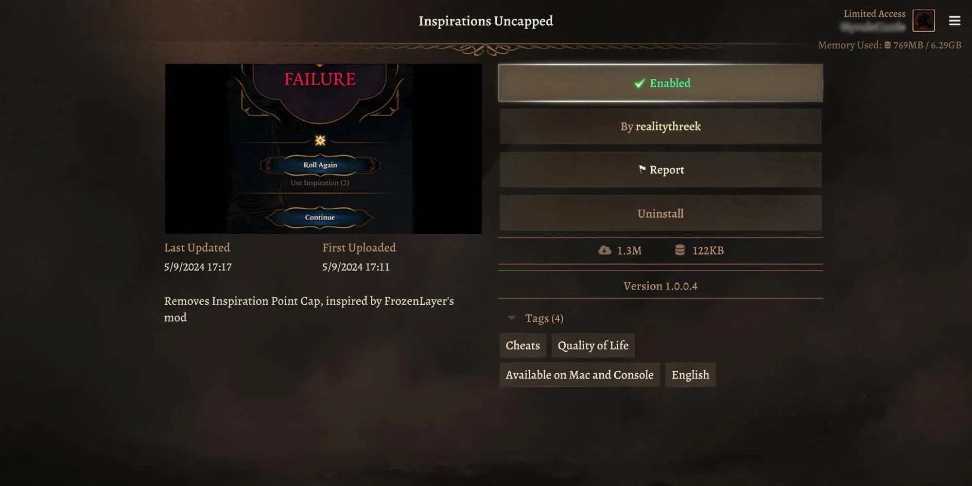 Biểu tượng Inspiration trong Baldur's Gate 3, tượng trưng cho khả năng tung xúc xắc lại không giới hạn với mod Inspiration Uncapped