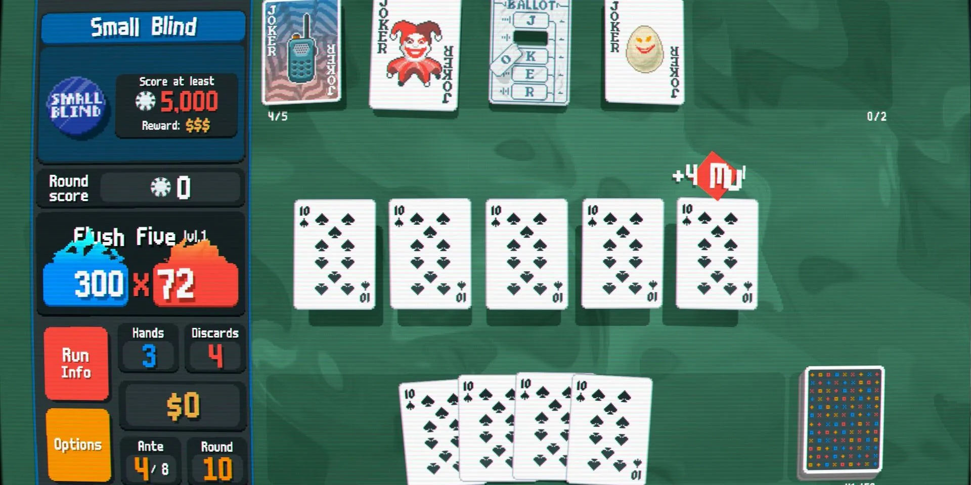 Bộ bài với nhiều lá 10 Bích tạo thành sảnh đồng chất năm (Flush Five) khi dùng Erratic Deck trong Balatro