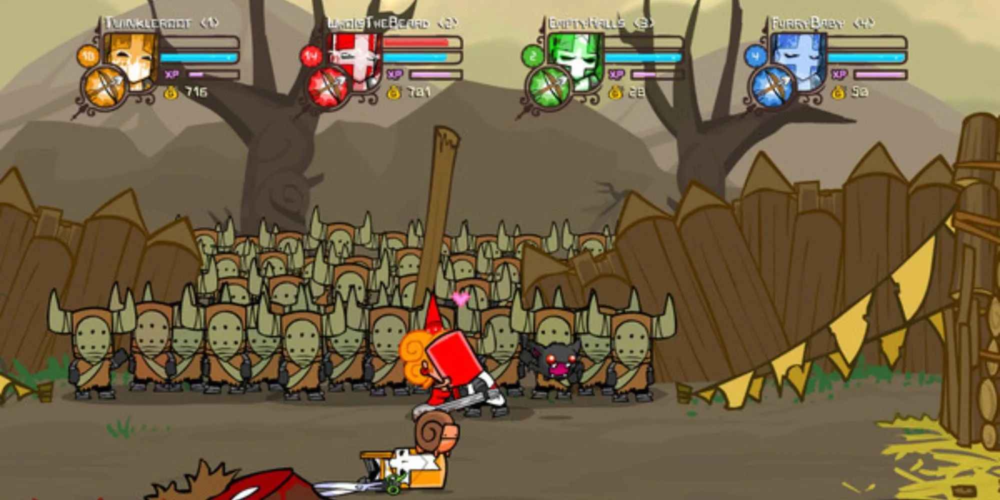 Bốn hiệp sĩ đầy màu sắc trong một trận chiến của Castle Crashers