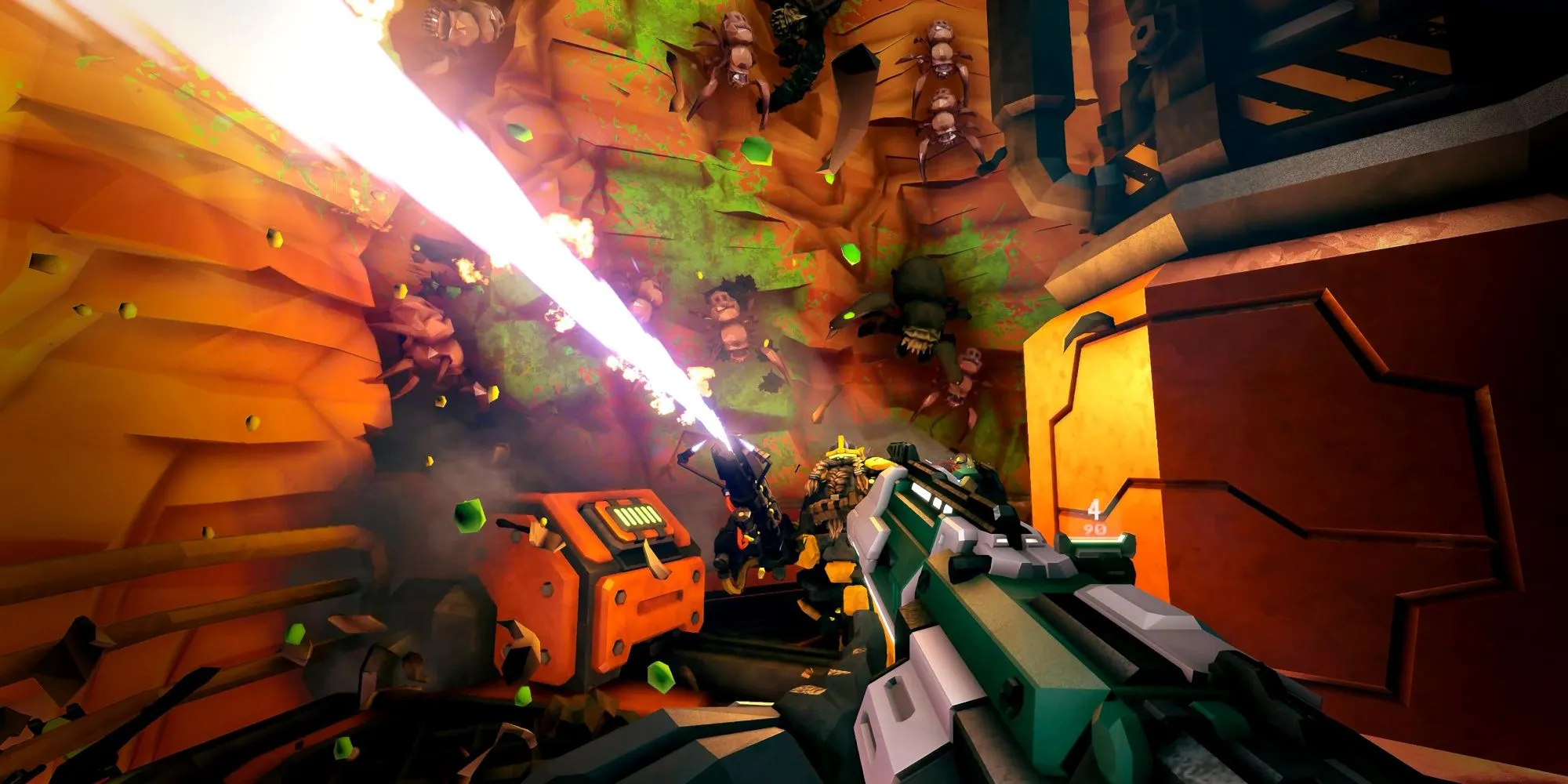 Bốn người lùn không gian trong Deep Rock Galactic đứng trên một mỏm đá nhìn ra hang động phát sáng