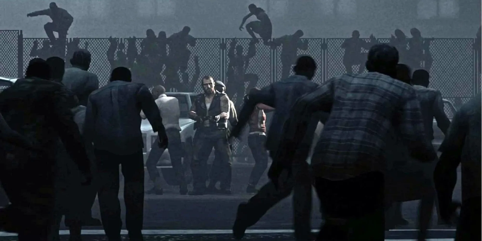 Bốn người sống sót trong Left 4 Dead 2 chiến đấu chống lại một đám zombie đông đảo trong một con hẻm tối