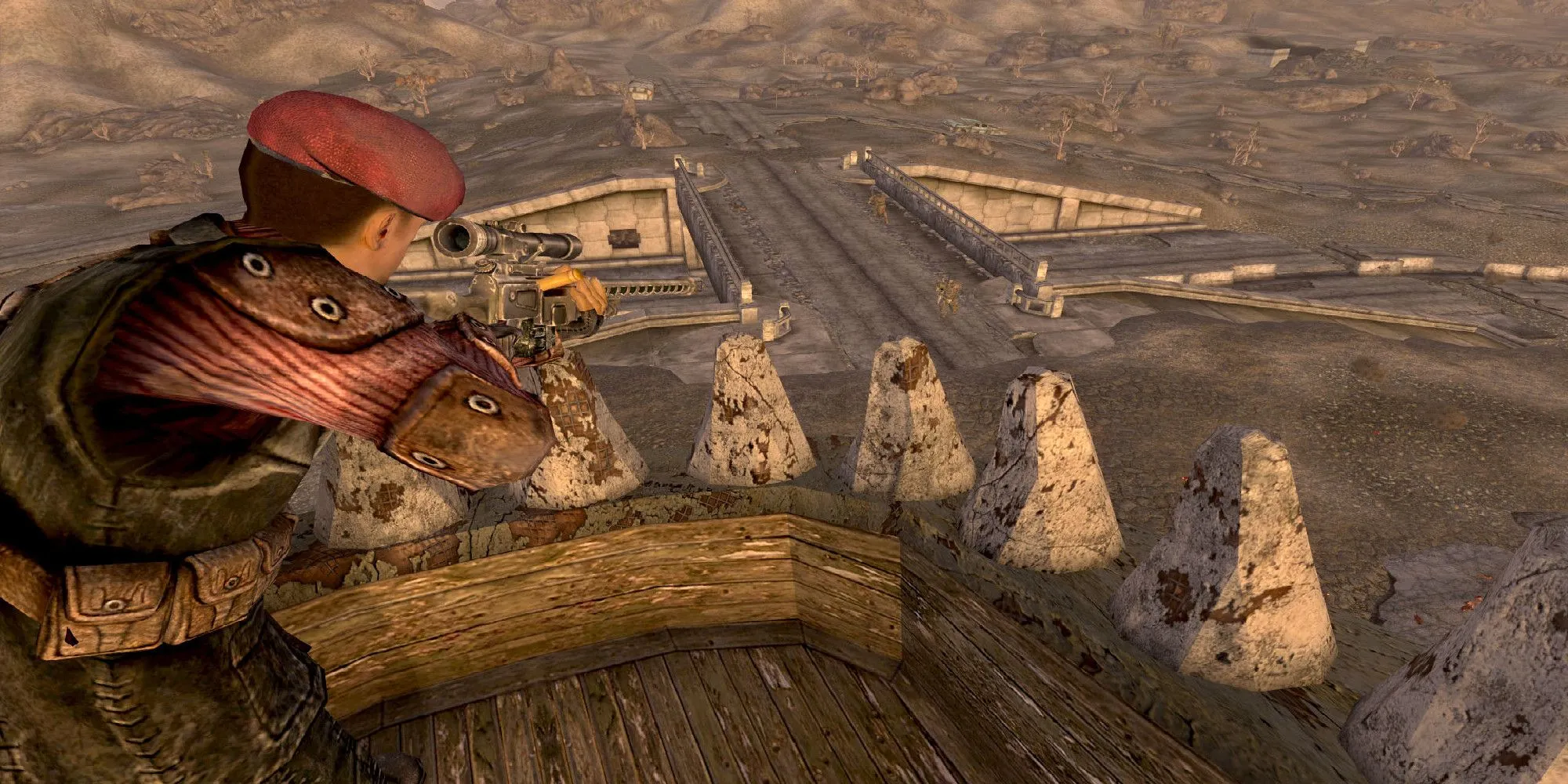 Boone đang nhắm bắn bằng súng bắn tỉa trong Fallout: New Vegas