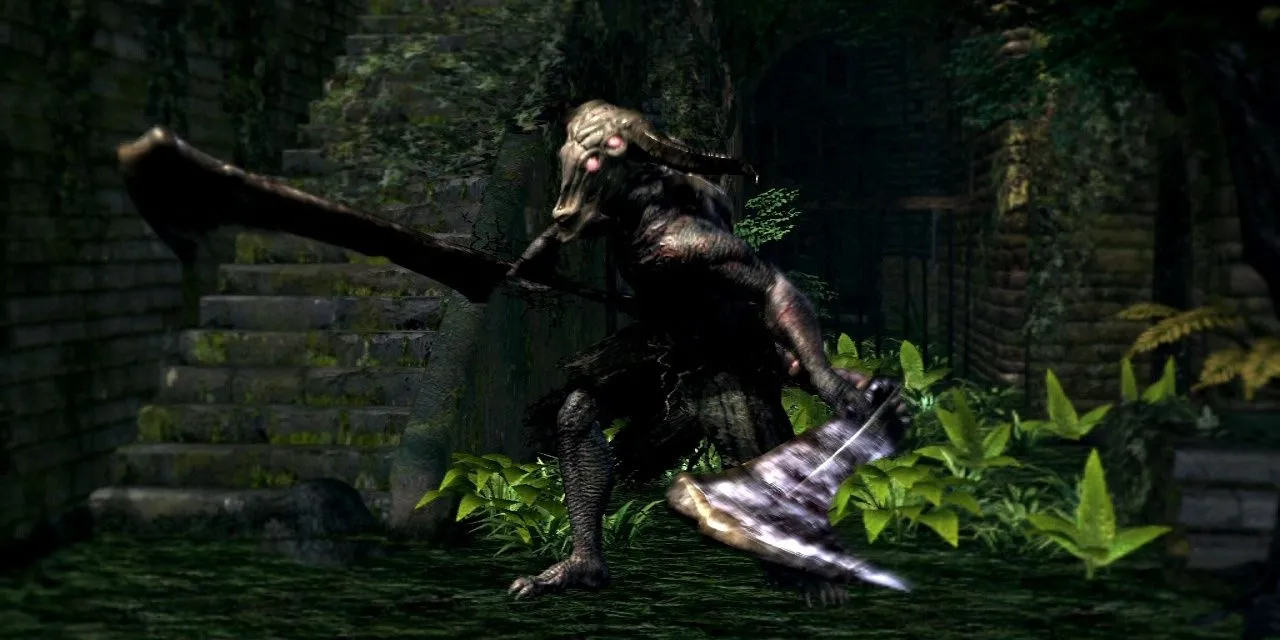 Boss Capra Demon cùng chó trong căn phòng nhỏ hẹp ở Dark Souls 1