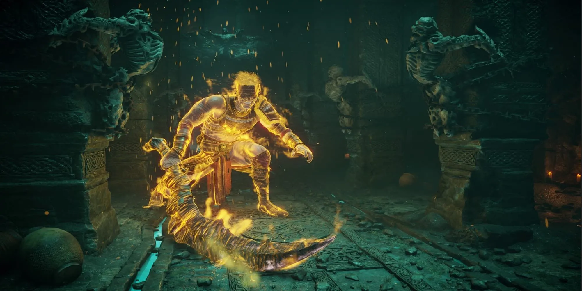 Boss Old Hero mù lòa đứng trong đấu trường tối tăm của Demon's Souls