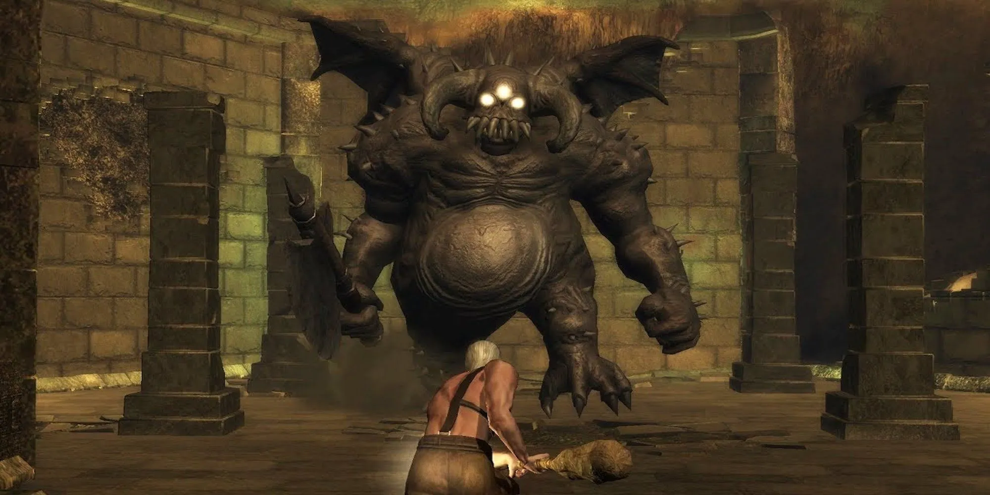 Boss Vanguard trong Demon's Souls đang thực hiện đòn tấn công