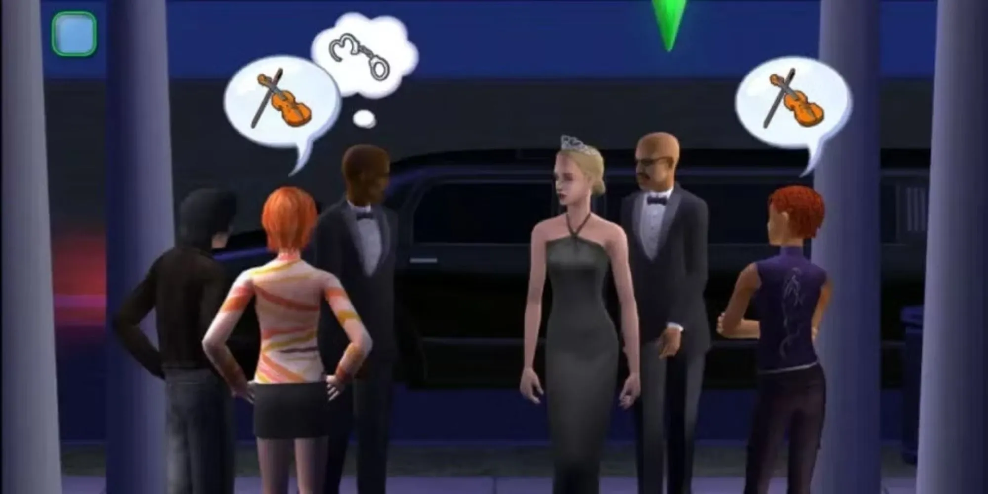 Các nhân vật Sim tương tác tại sự kiện thảm đỏ trong game mô phỏng đời sống The Sims 2