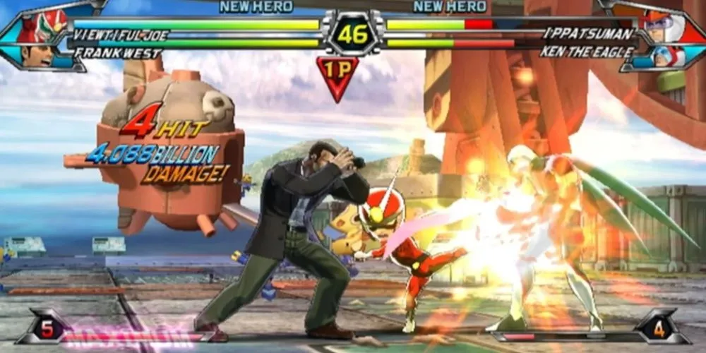 Các nhân vật từ Tatsunoko và Capcom đối đầu trên màn hình chiến đấu của Tatsunoko vs Capcom Ultimate All-Stars.