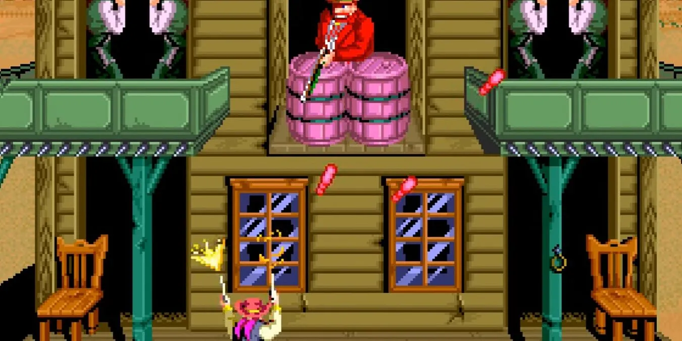 Cảnh chiến đấu boss Simon Greedwell trong game Sunset Riders SNES