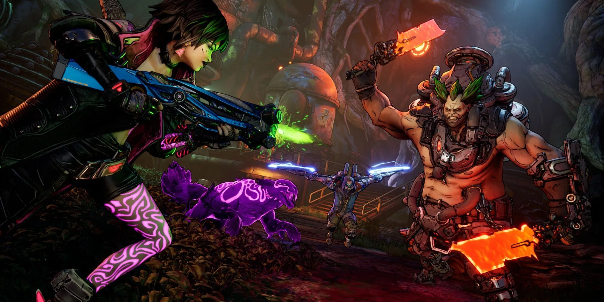 Cảnh chiến đấu kịch tính trong Borderlands 4 với các nhân vật mới (Vex và Rafa)