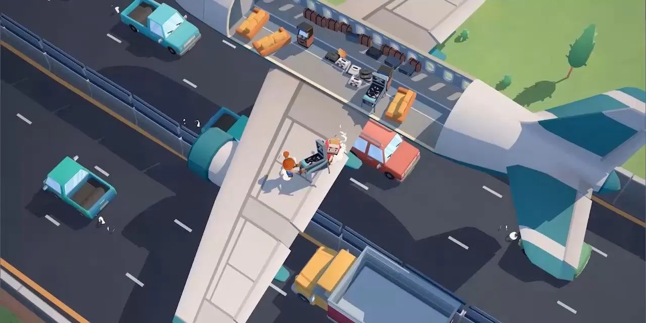 Cảnh di chuyển nội thất ra khỏi máy bay trong game Moving Out