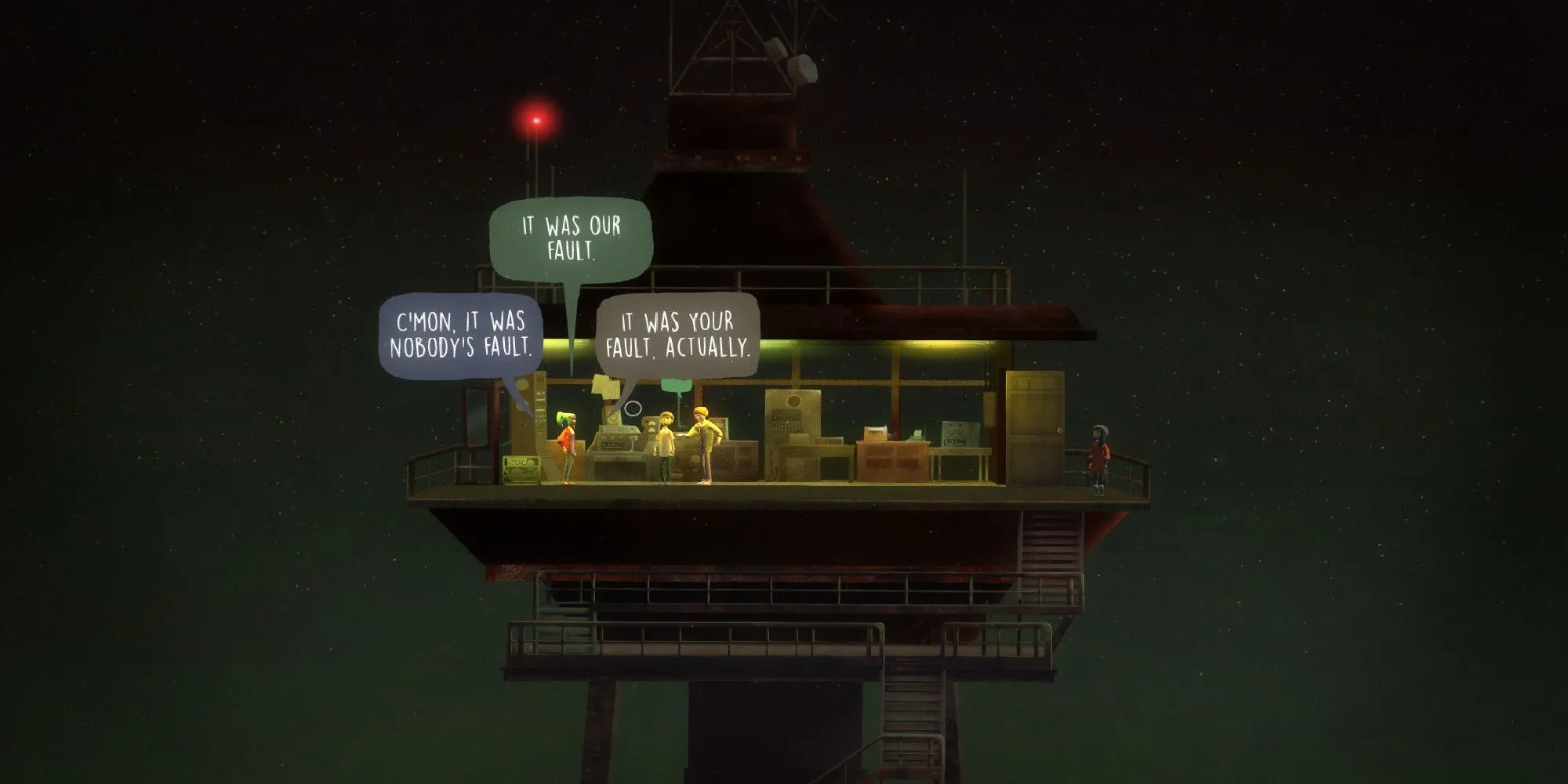 Cảnh nhóm bạn trẻ giao tiếp căng thẳng trên đảo trong game Oxenfree