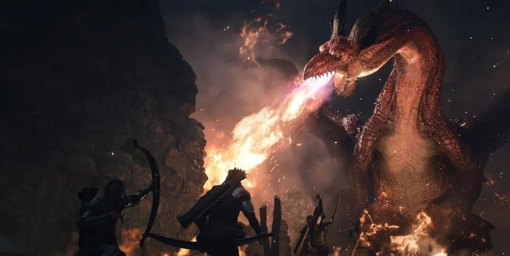 Cảnh rồng phun lửa hùng vĩ trong Dragon's Dogma 2, trải nghiệm mượt mà hơn trên PS5 Pro