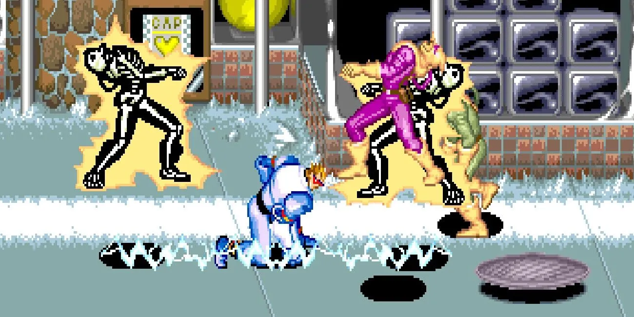 Captain Commando tấn công kẻ địch trong game beat 'em up SNES