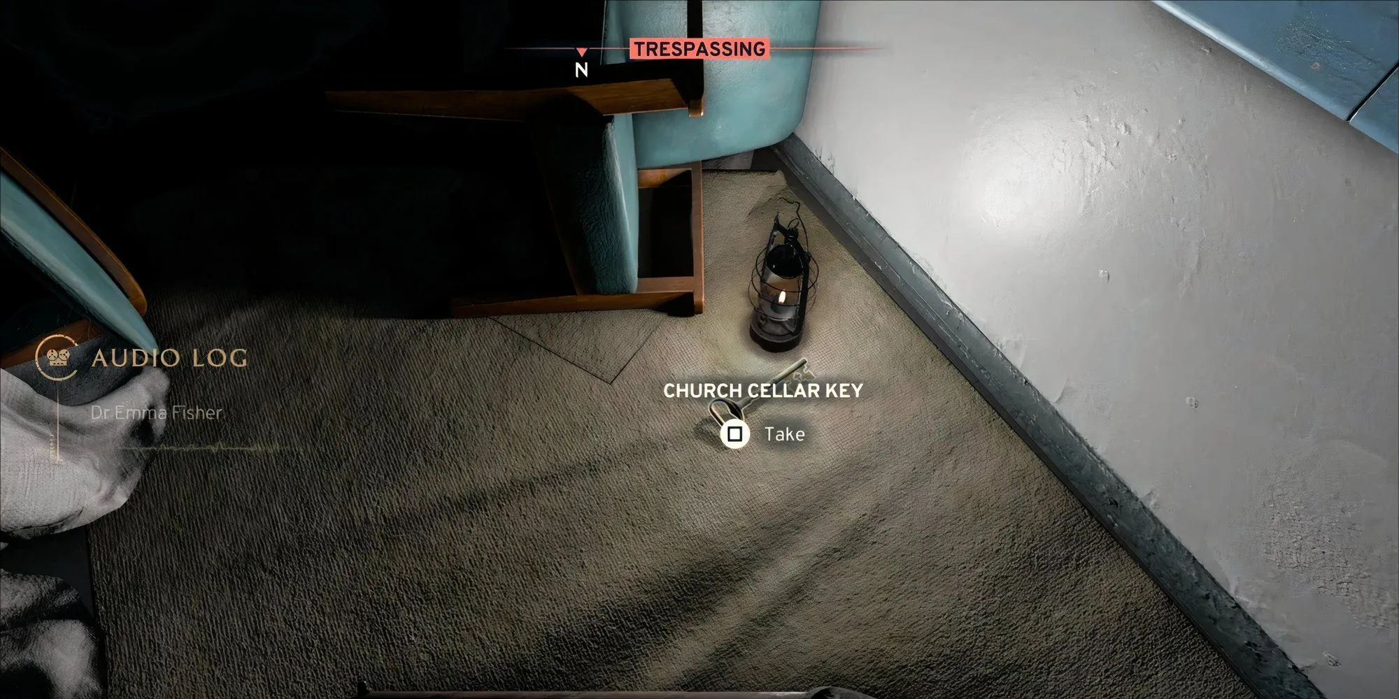 Chìa khóa Hầm Nhà Thờ nằm trên sàn trong khu Y Tế game Atomfall