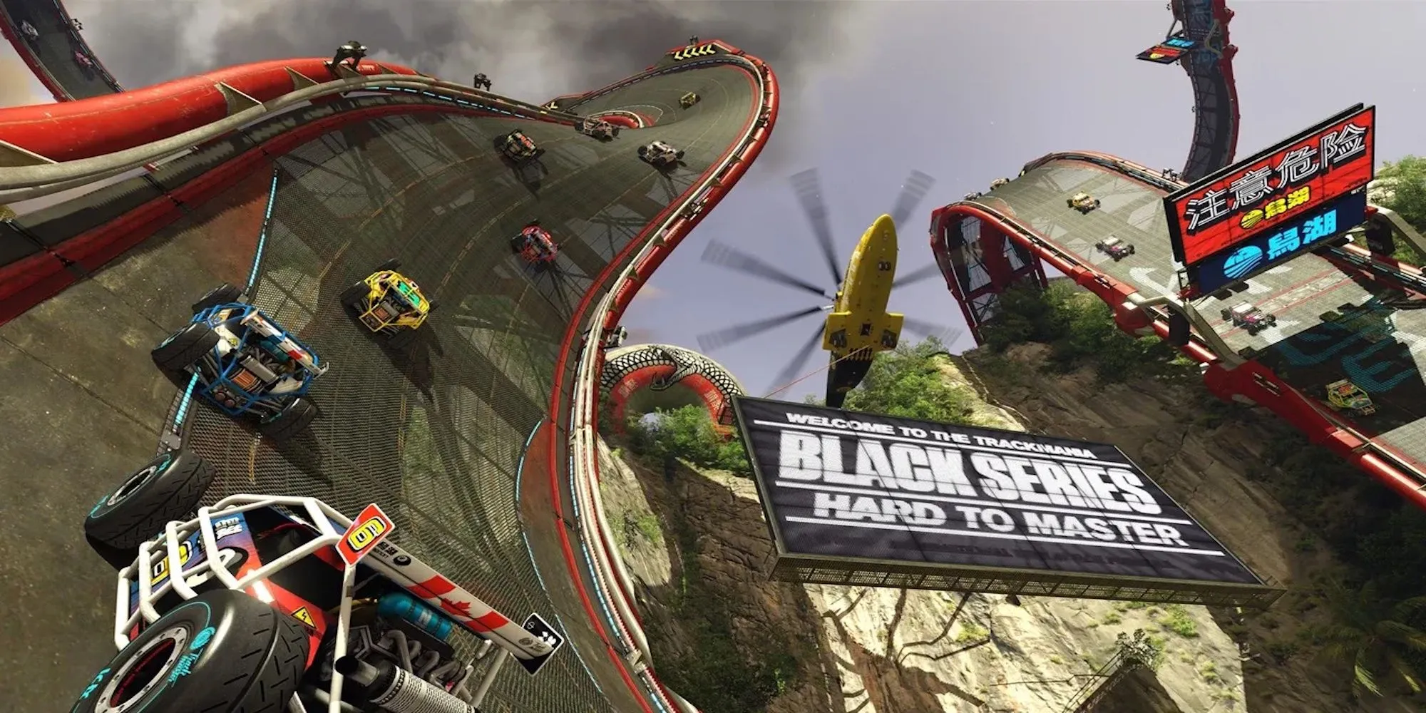 Chiếc xe đua trong Trackmania Turbo lao trên đường đua ảo diệu