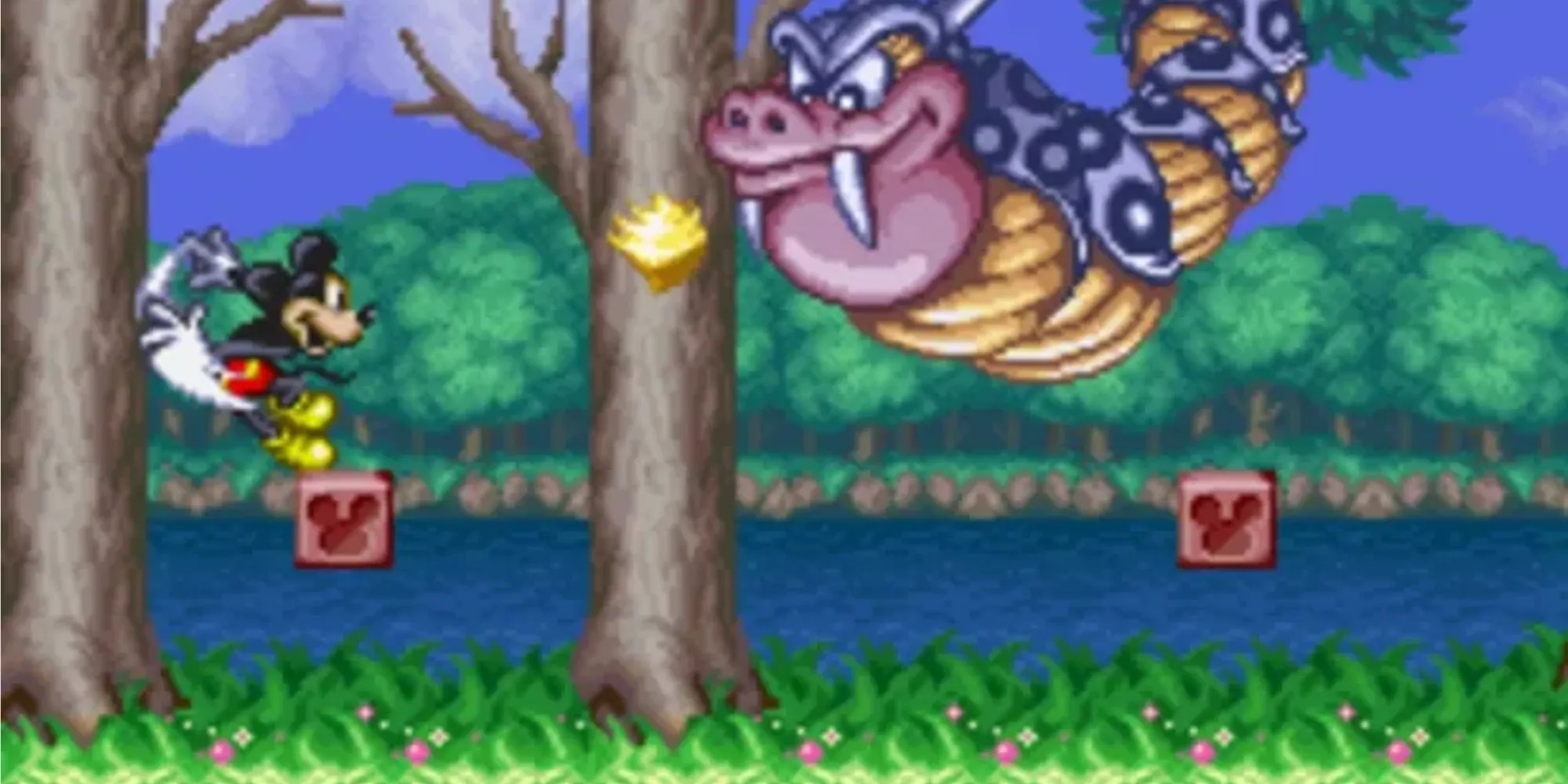 Chuột Mickey với trang phục phép thuật trong game The Magical Quest Starring Mickey Mouse trên SNES