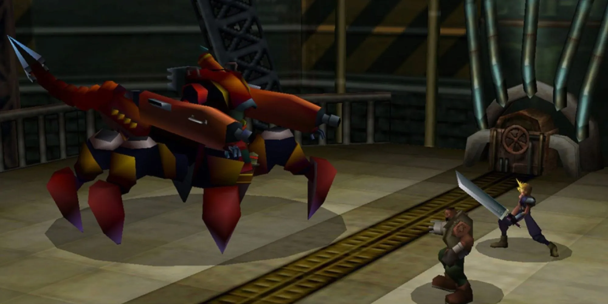 Cloud Strife cùng các thành viên tổ đội đứng nhìn về phía tòa nhà Shinra trong Final Fantasy VII trên PS1