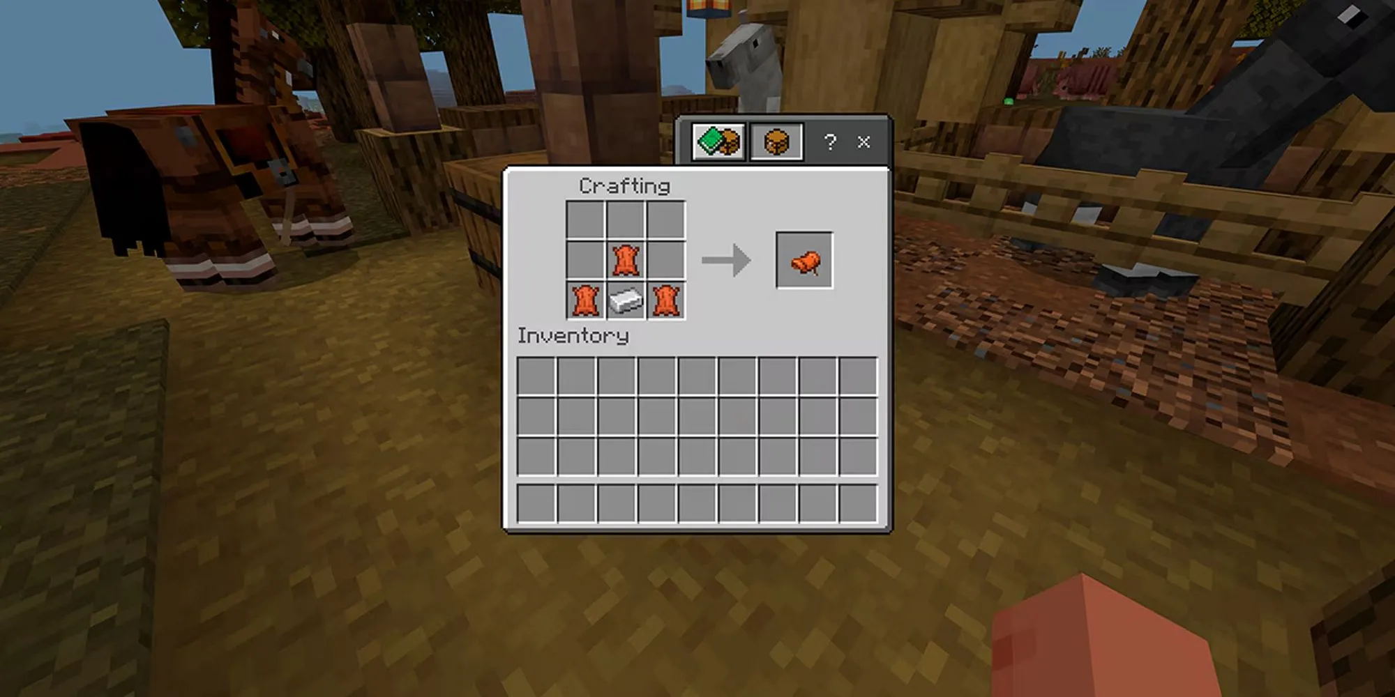 Công thức chế tạo yên ngựa trong Minecraft với 3 da và 1 thỏi sắt trên bàn chế tạo