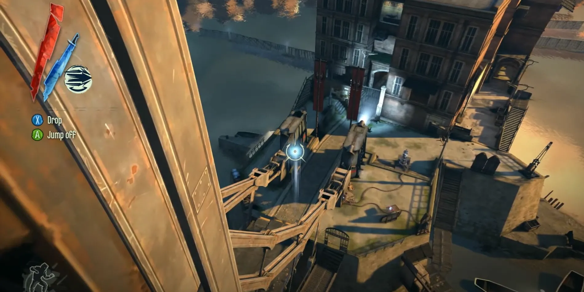 Corvo Attano sử dụng kỹ năng Blink để di chuyển trên mái nhà Dunwall trong Dishonored