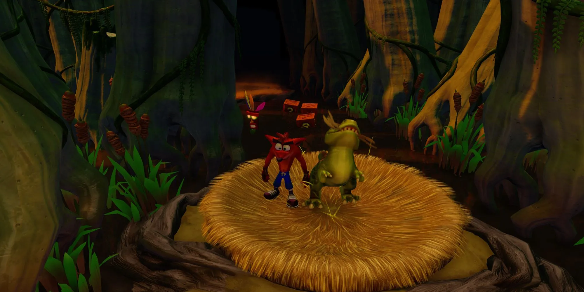 Crash Bandicoot cưỡi khủng long con né Triceratops trong màn Dino Might! của Crash 3