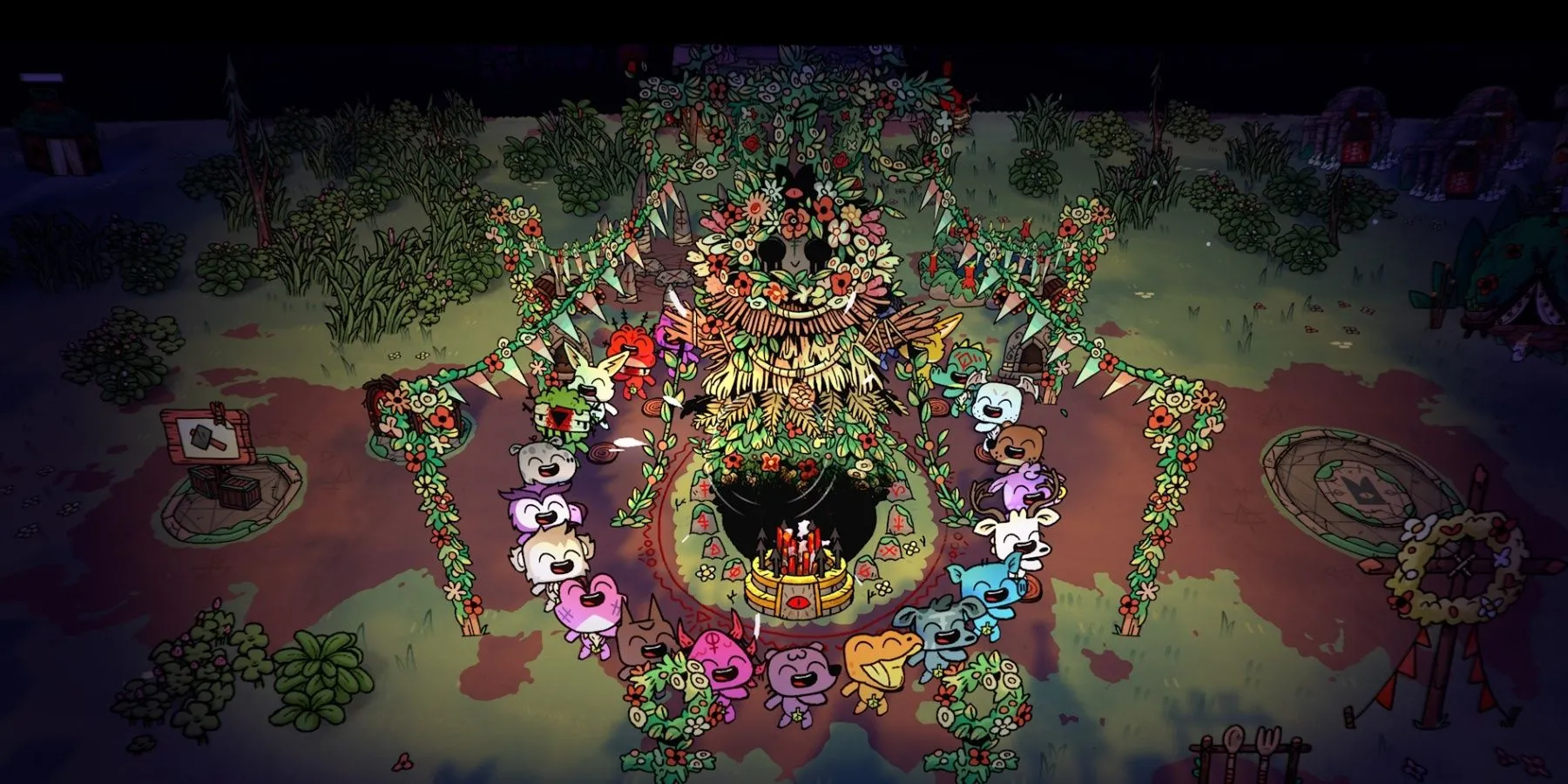 Cừu Con trong Cult of the Lamb nhảy múa giữa vòng tròn các tín đồ trần truồng