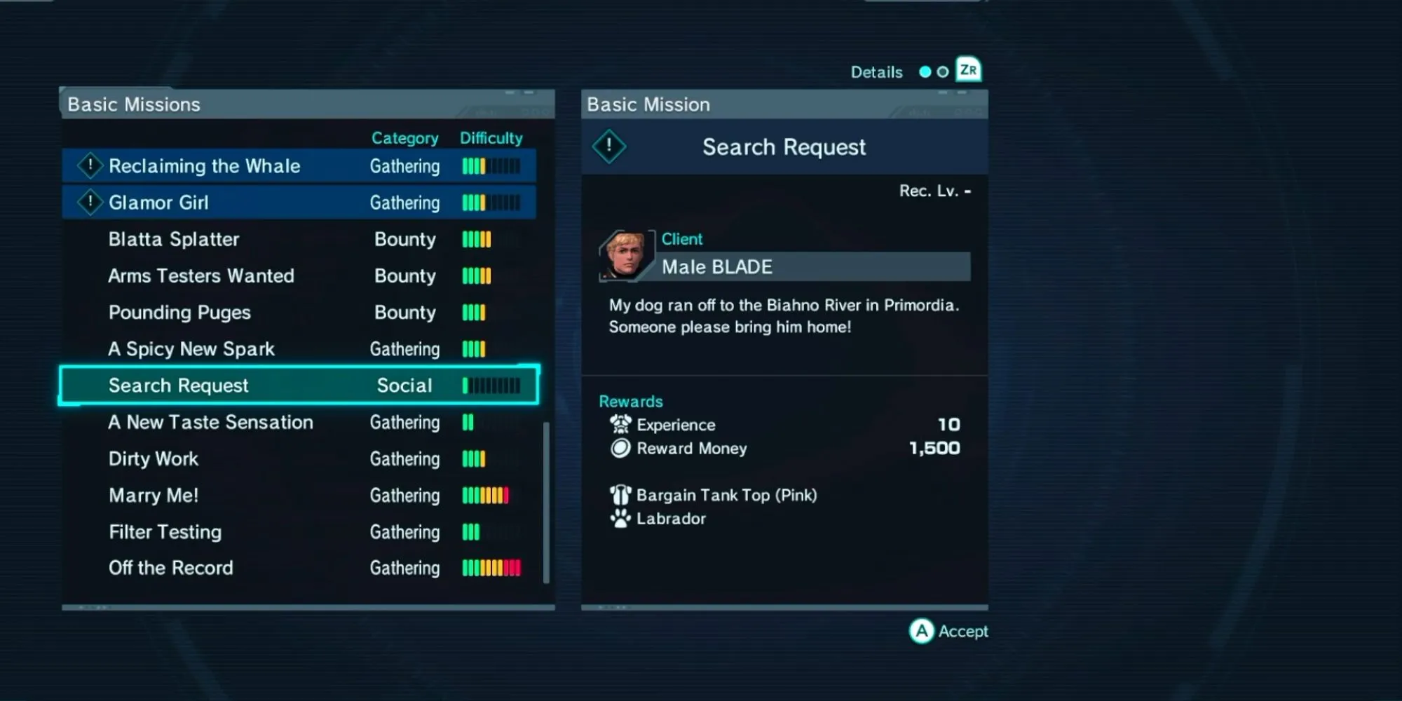 Danh sách các nhiệm vụ Cơ bản (Basic Mission), nơi bạn có thể tìm nhiệm vụ nhận pet trong Xenoblade Chronicles X