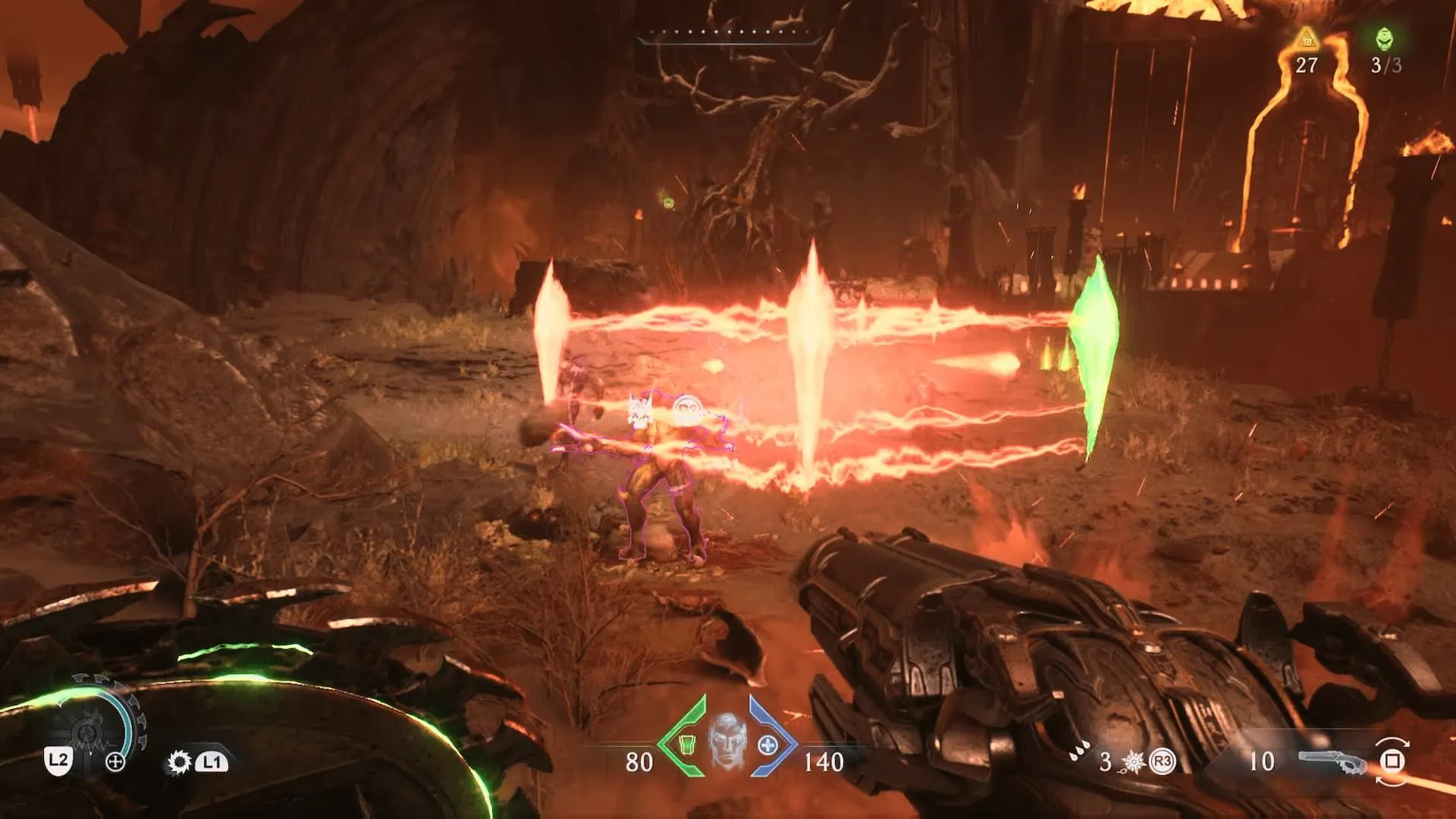 Doom Slayer chiến đấu với lũ quái vật sử dụng laser trong DOOM The Dark Ages