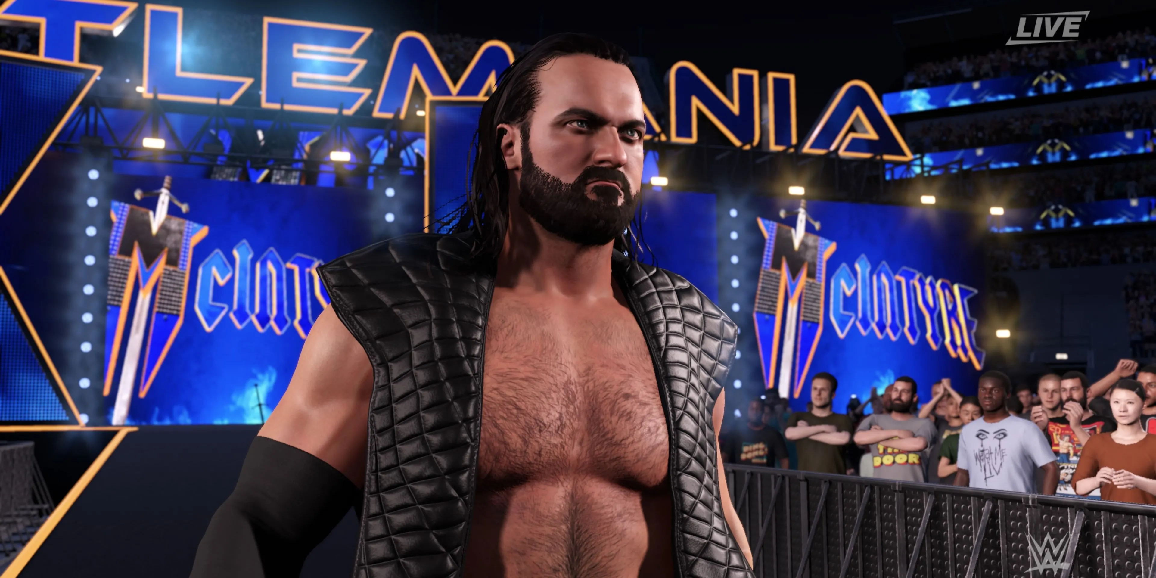 Drew McIntyre trong WWE 2K25 với tạo hình ấn tượng trên đường ra sàn đấu