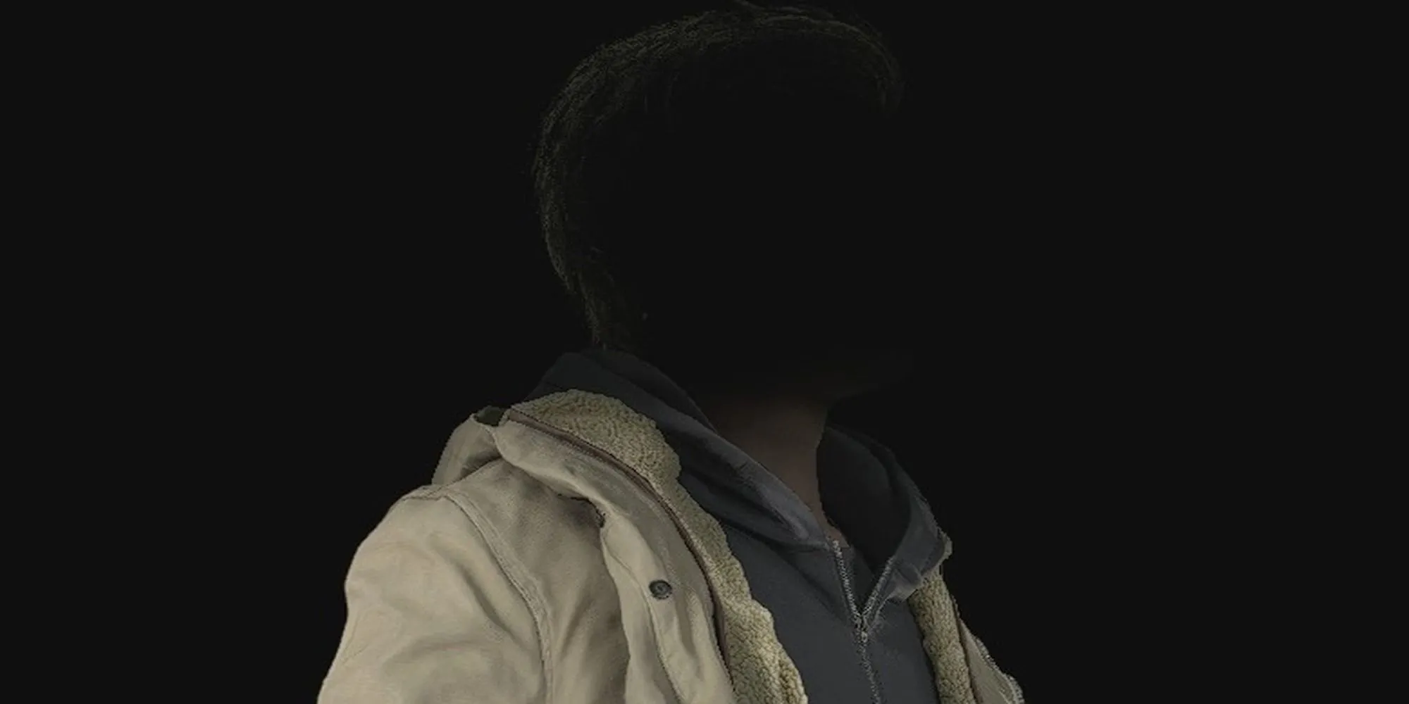 Ethan Winters, nhân vật chính với khuôn mặt thường bị che khuất, trong bối cảnh u ám của Resident Evil Village, cho thấy sự quyết tâm tìm kiếm gia đình của anh.
