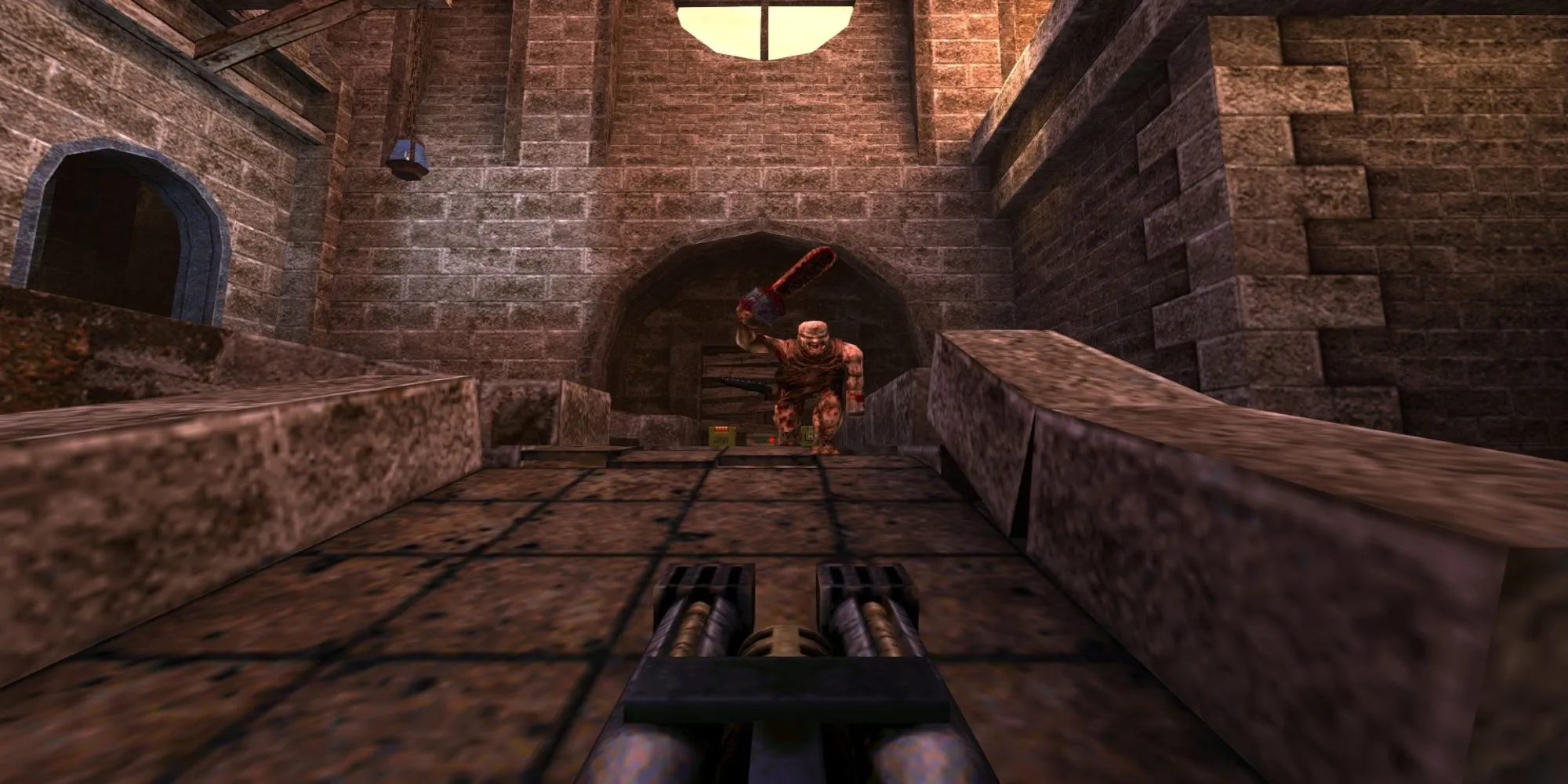 Gameplay của Quake với đồ họa 3D đặc trưng và giao diện người dùng