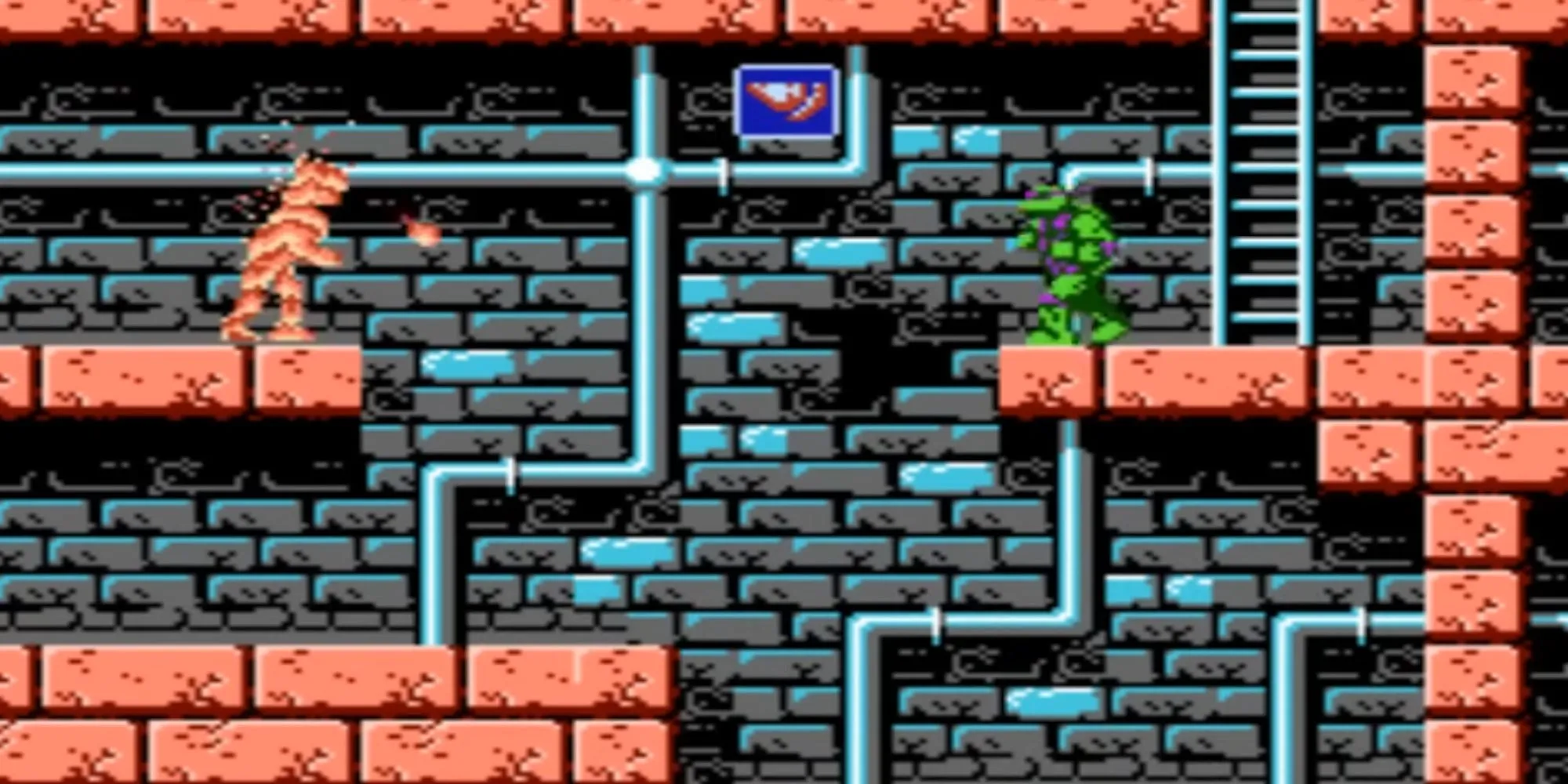 Gameplay màn hình ngang của game Teenage Mutant Ninja Turtles trên NES