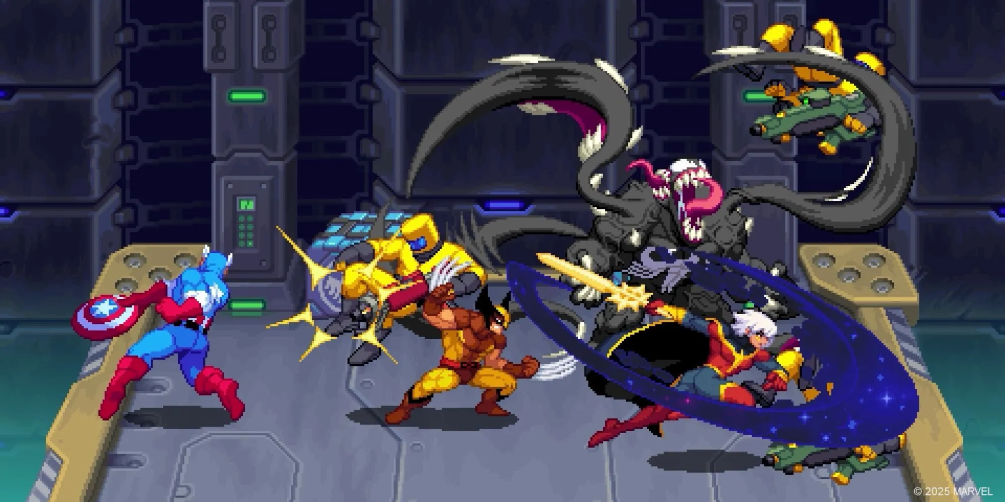 Gameplay Marvel Cosmic Invasion với Wolverine, Captain America, Venom và Phyla-Vel chiến đấu.