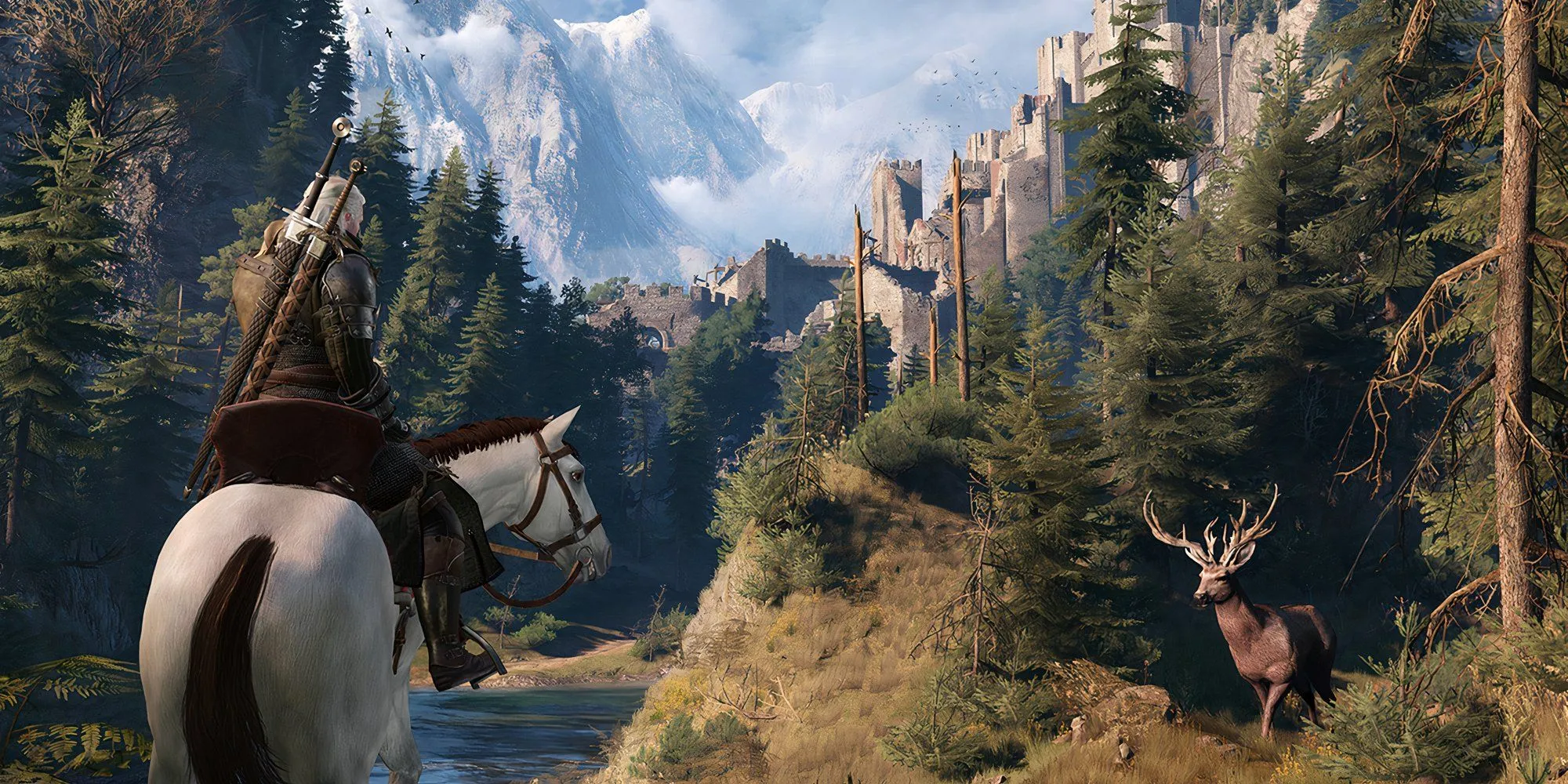 Geralt cưỡi ngựa đi qua đám đông trong The Witcher 3: Wild Hunt