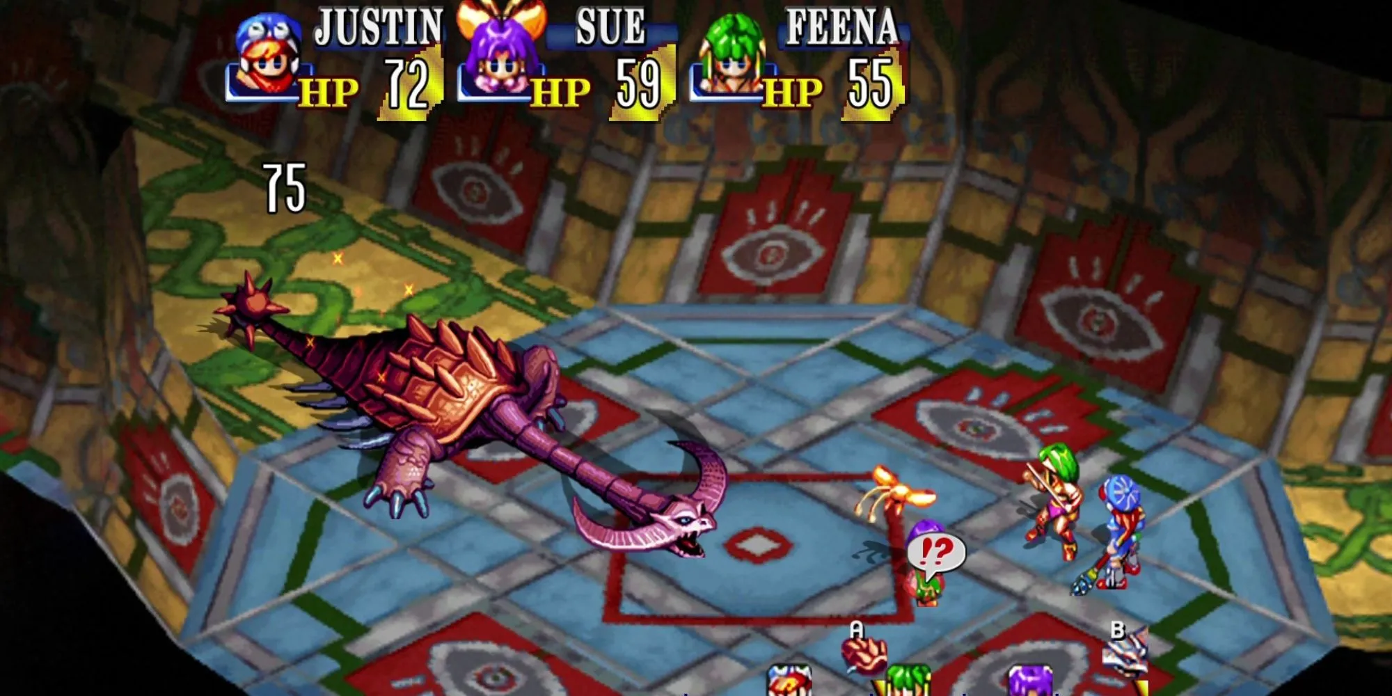 Giao diện chiến đấu độc đáo của Grandia với Justin và Sue trên PS1