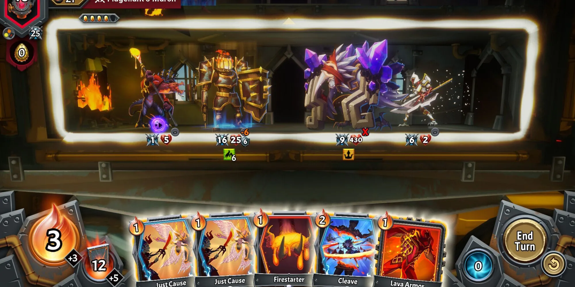 Giao diện chiến đấu trong Monster Train 2, thể hiện lối chơi xây dựng bộ bài theo lượt.