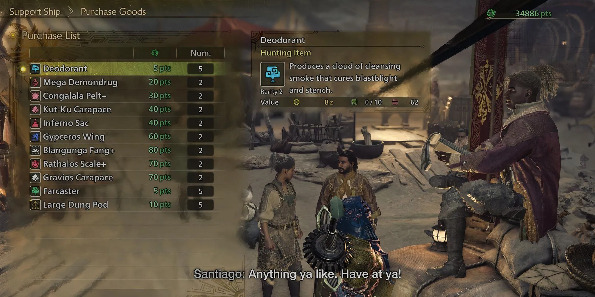 Giao diện cửa hàng của Tàu Hỗ Trợ trong Monster Hunter Wilds hiển thị vật phẩm