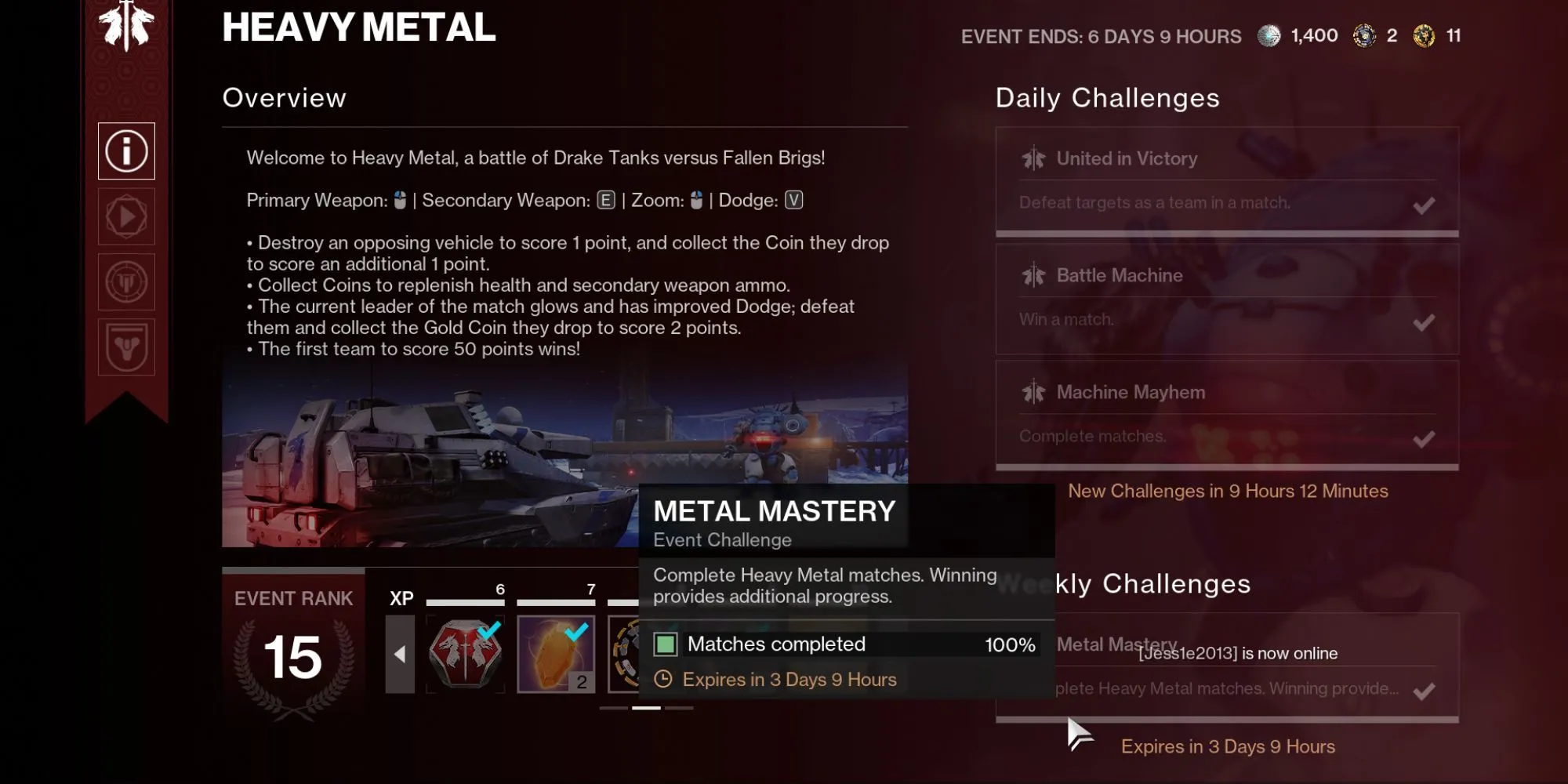 giao diện Event Card của sự kiện Heavy Metal trong game Destiny 2, hiển thị các thử thách và phần thưởng có thể nhận