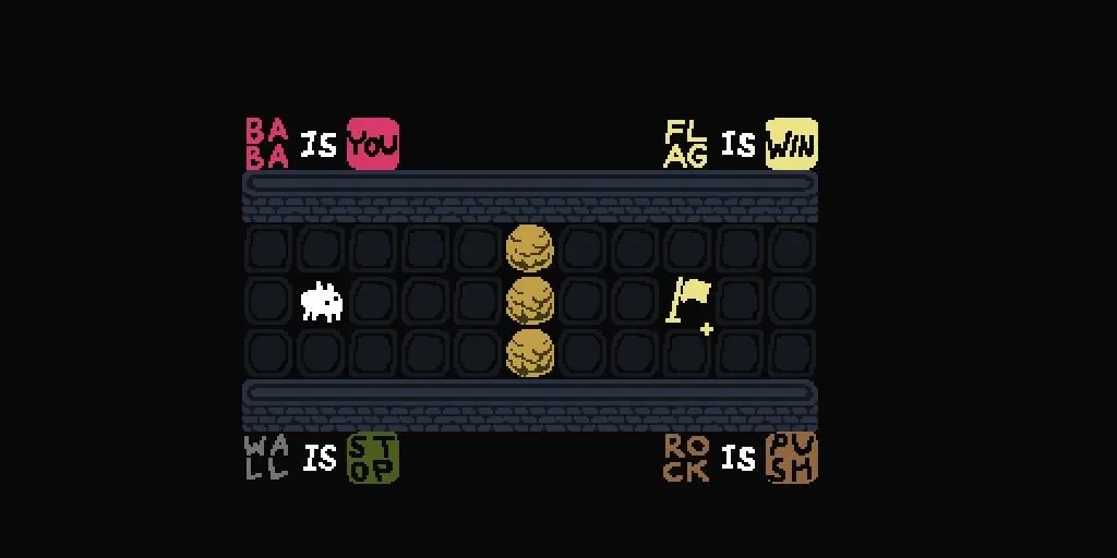 Giao diện game Baba is You trên di động với các khối chữ và nhân vật Baba.