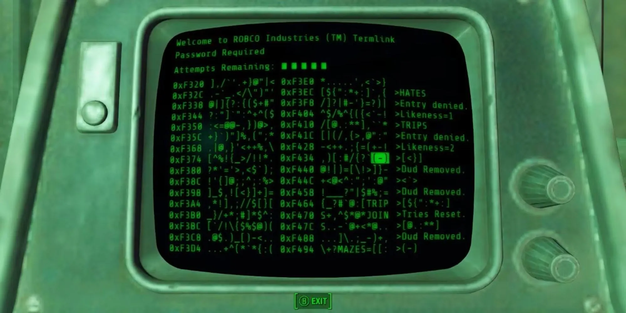 Giao diện hacking terminal cổ điển trong Fallout 4 với các dòng mã và từ khóa
